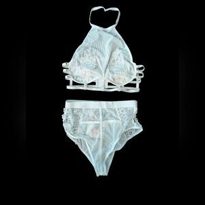 Naked Wardrobe White Lace Lingerie Set With Halter Top And Matching Bottoms Nwt